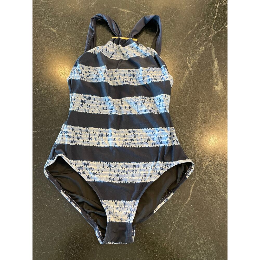 Michael Kors navy and white metal logo high neck maillot 8